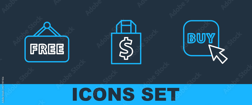 Set line Buy button, Price tag with text Free and Shoping bag and dollar icon. Vector