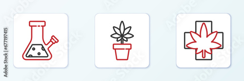 Set line Medical marijuana or cannabis leaf, Glass bong for smoking and Marijuana plant icon. Vector