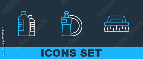 Set line Brush for cleaning, Bottles agent and Dishwashing liquid bottle and plate icon. Vector