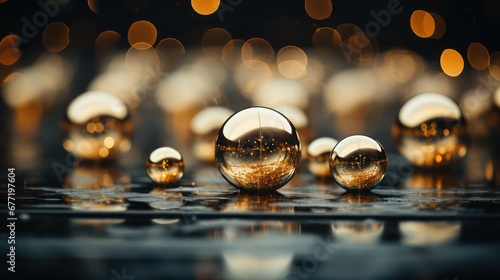 golden glass balls on a dark background with bokeh effect