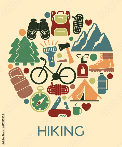 Flat icons in the shape of a circle the theme of hiking and outdoor recreation