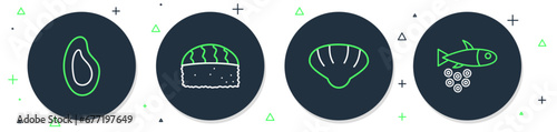 Set line Sushi, Scallop sea shell, Mussel and Fish with caviar icon. Vector