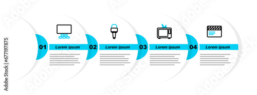Set line Movie clapper, Retro tv, Microphone and Cinema auditorium with seats icon. Vector