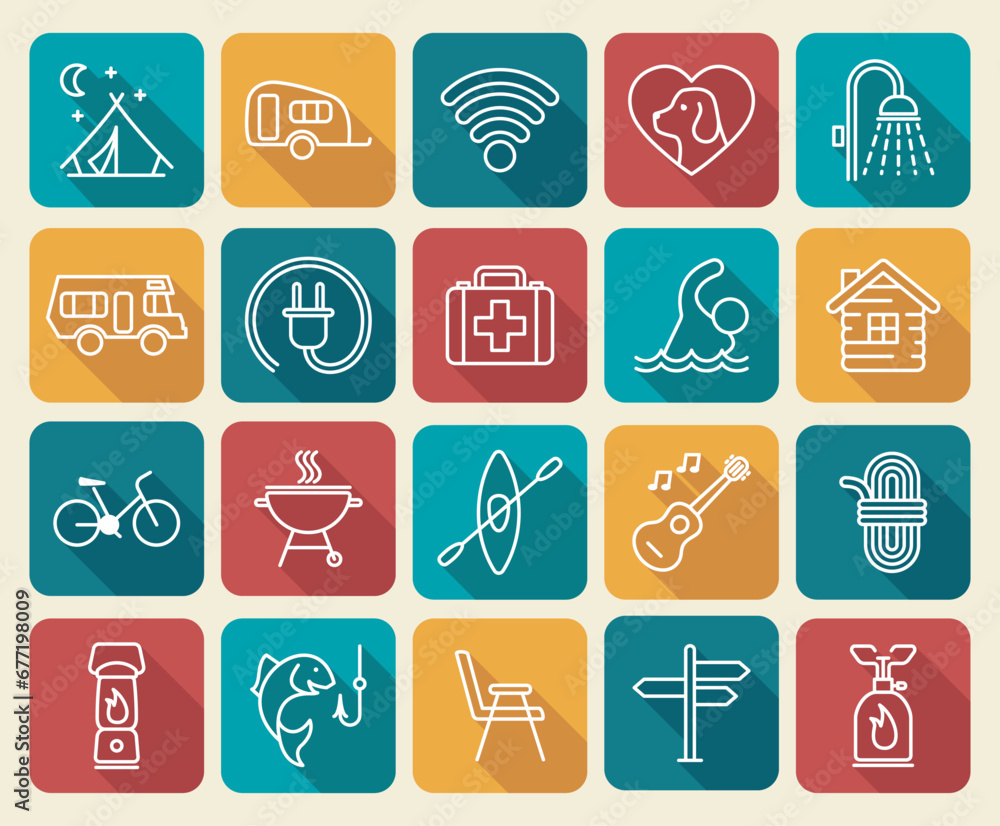 A set of thin linear icons on the theme of camping and outdoor recreation