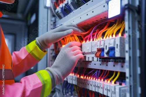 Close up hands of woman commercial electrician wearing googles at work on a fuse box in background of modern factory. Repair concept of technology and technology. photo