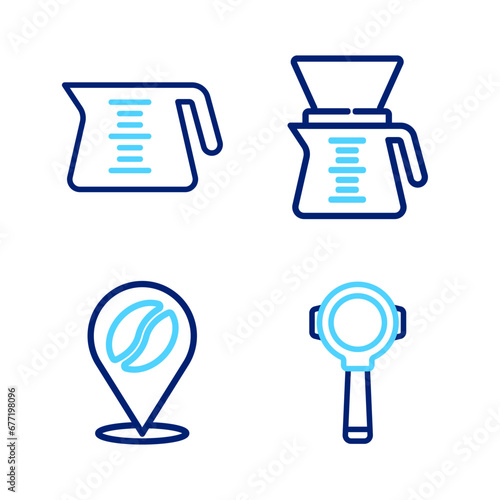 Set line Coffee filter holder, Location with coffee bean, Pour over maker and pot icon. Vector