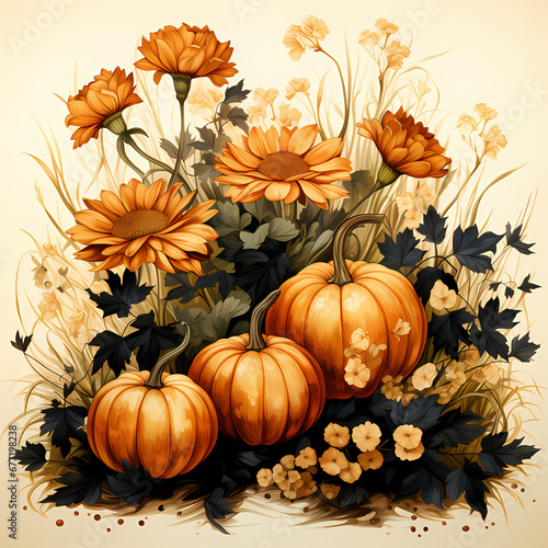 reamy autumn landscape A lovingly designed watercolor illustration with pumpkins  flowers and leaves