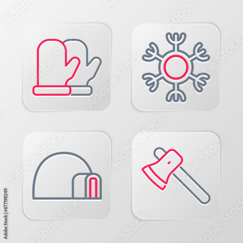 Set line Wooden axe, Igloo ice house, Snowflake and Christmas mitten icon. Vector