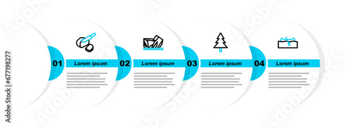 Set line Kayak or canoe, Christmas tree, Royal Ontario museum and Peameal bacon icon. Vector
