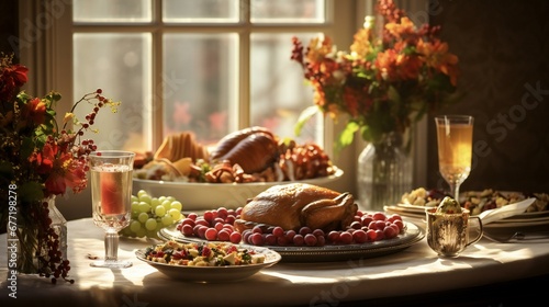 a thanksgiving dinner table with a turkey on it