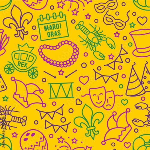 Mardi Gras carnival seamless background, linear style. Pattern with feathers, beads, jester hat, mask, fleur de lis