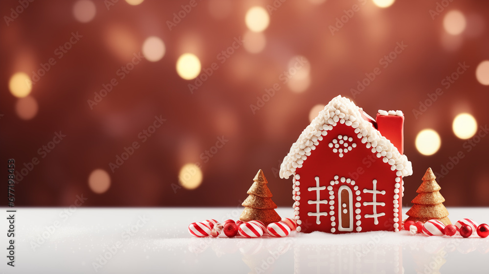  Gingerbread biscuit figure house with white icing  on the background of Christmas lights