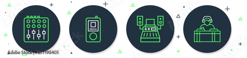 Set line Music player, recording studio, Sound mixer controller and DJ playing music icon. Vector