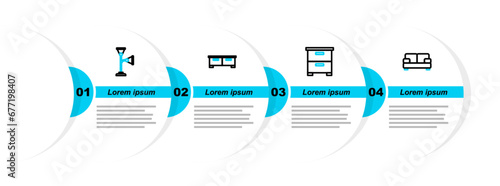 Set line Sofa, Furniture nightstand, Chest drawers and Floor lamp icon. Vector