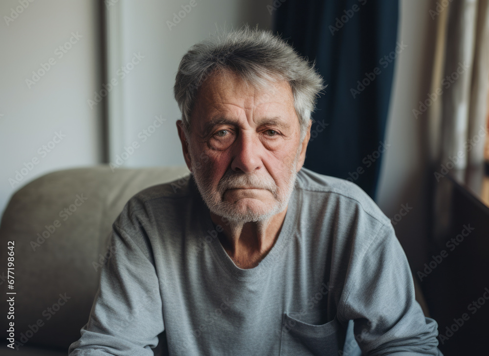 Close-up face of serious male webcam view at home. Angry caucasian old man looking at camera mad - male portrait. Concept of irritation and online conversation problem with an elderly person. Close-up face of serious male webcam view at home. Angry caucasian old man looking at camera mad - male portrait. Concept of irritation and online conversation problem with an elderly person.
