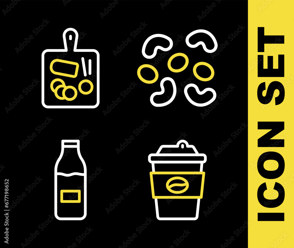 Set line Jelly candy, Coffee cup to go, Bottle with milk and Cutting board icon. Vector Set line Jelly candy, Coffee cup to go, Bottle with milk and Cutting board icon. Vector