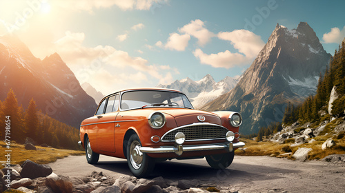 car in the mountains,Old vintage Car and Mountain Majesty,AI Generative  © Aleey