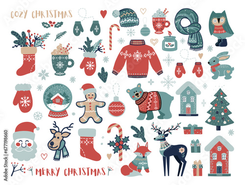 Christmas clipart with forest animals and decorative elements in scandinavian hand drawn style