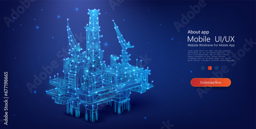 Vector illustration of a neon blue wireframe offshore oil rig on a dark background, symbolizing advanced technology in energy.