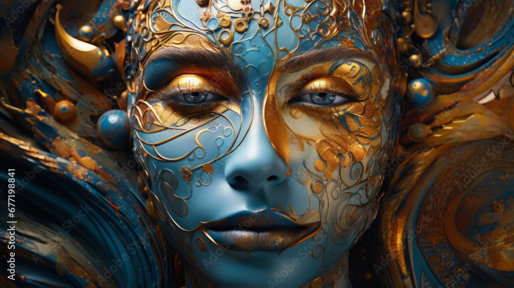 Intricate Traditional Carnival Mask, Close-up photo of a person wearing a colourful venetian mask in Venice, Italy Intricate Traditional Carnival Mask, Close-up photo of a person wearing a colourful venetian mask in Venice, Italy