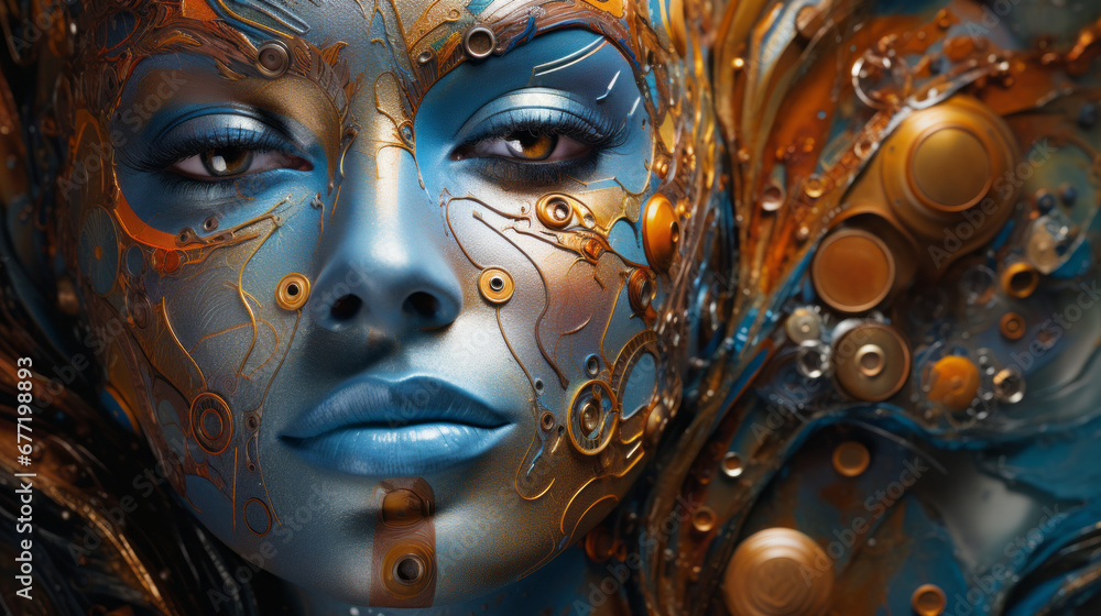 Intricate Traditional Carnival Mask, Close-up photo of a person wearing a colourful venetian mask in Venice, Italy Intricate Traditional Carnival Mask, Close-up photo of a person wearing a colourful venetian mask in Venice, Italy