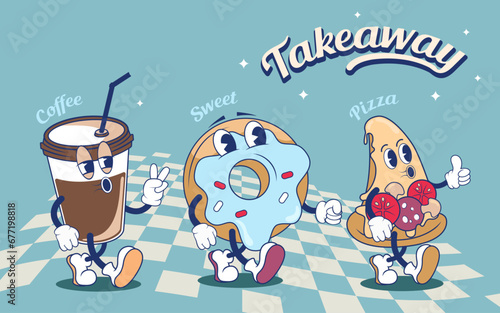 cartoon funny groovy character , coffee and fast food design in groovy retro style, banner for food takeaway