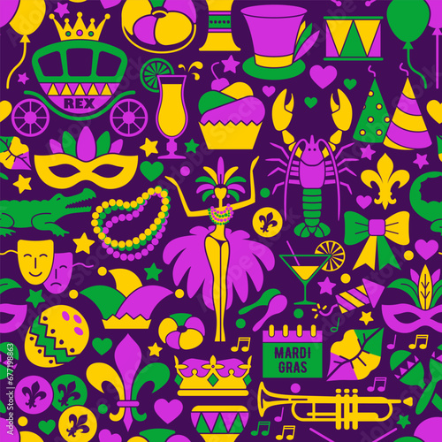 Mardi Gras carnival seamless background, flat style. Pattern with feathers, beads, jester hat, mask, fleur de lis