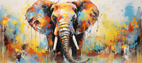 Animal head portrait art - Colorful abstract oil/acrylic painting of an elephant, palette knife on canvas.