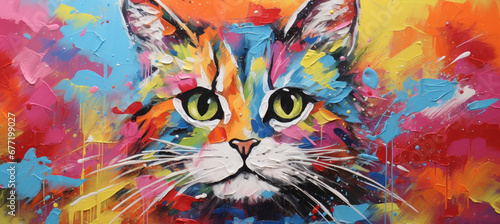 Animal head portrait art - Colorful abstract oil/acrylic painting of a cat, palette knife on canvas.