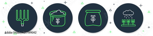 Set line Bag of flour, Garden pitchfork and Plant sprouts grow in the rain icon. Vector