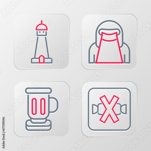 Set line No sweets, Medieval goblet, Muslim woman in niqab and Mosque tower or minaret icon. Vector