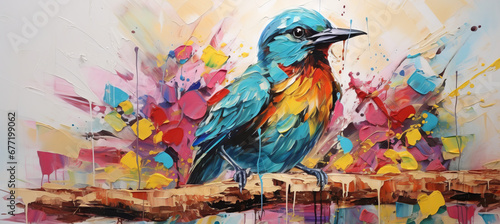 Animal head portrait art - Colorful abstract oil/acrylic painting of a bird, palette knife on canvas.