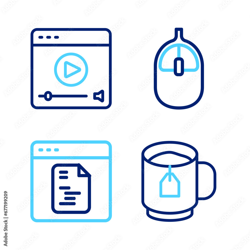 Set line Cup of tea with tea bag, Software, Computer mouse and Online play video icon. Vector Set line Cup of tea with tea bag, Software, Computer mouse and Online play video icon. Vector