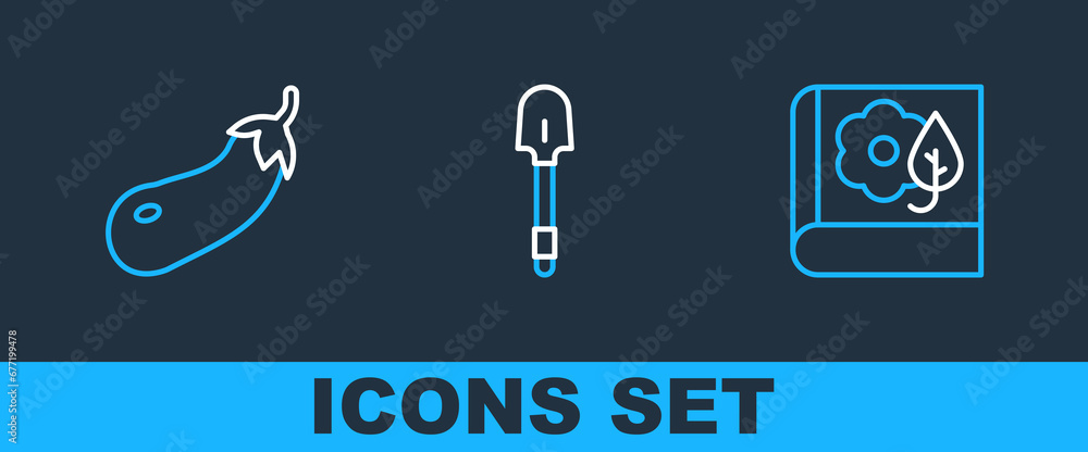 Set line Herbarium, Eggplant and Shovel icon. Vector Set line Herbarium, Eggplant and Shovel icon. Vector