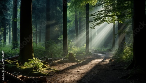 Captivating sunbeams illuminating a serene misty forest with mesmerizing sun light rays