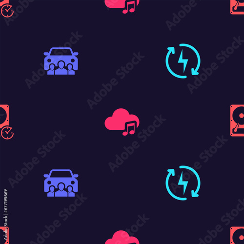 Set Recharging, Car sharing, Music streaming service and Hard disk drive with clockwise on seamless pattern. Vector