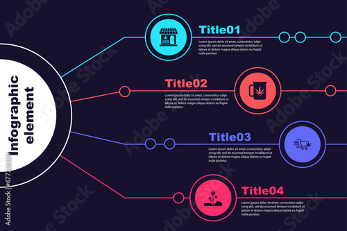 Set Marijuana and cannabis store, Cup tea with marijuana, Shopping cart and Planting. Business infographic template. Vector