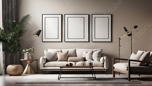 A light-colored guest room featuring a sofa, two armchairs, and a mockup blank white poster
