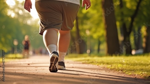 Fat man in athletic attire runs on asphalt path in park on sunny day. Man enhancing physical health and shedding pounds with desire to shed weight. Legs close-up. Cropped photo.