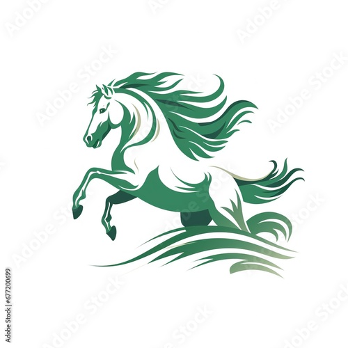 Stylized Logo of a jumping green horse with white background and lettering