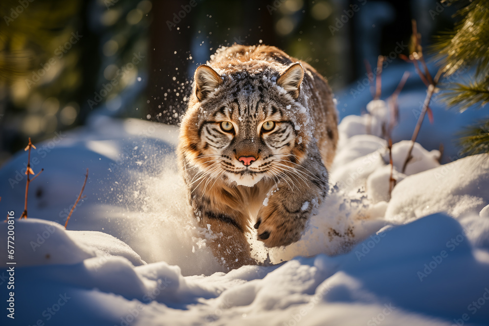 Bobcat walking through deep snow in the middle of a forest