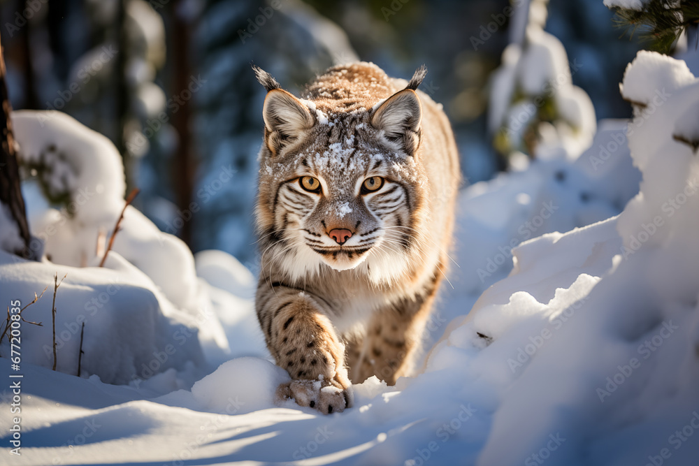 Fototapeta premium Bobcat walking through deep snow in the middle of a forest