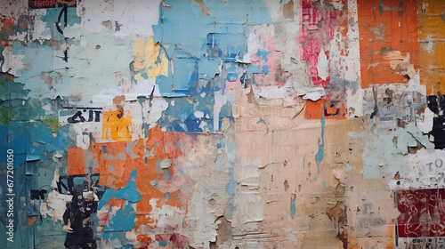 Colorful torn posters on grunge old walls as creative and abstract background. Generative AI.
