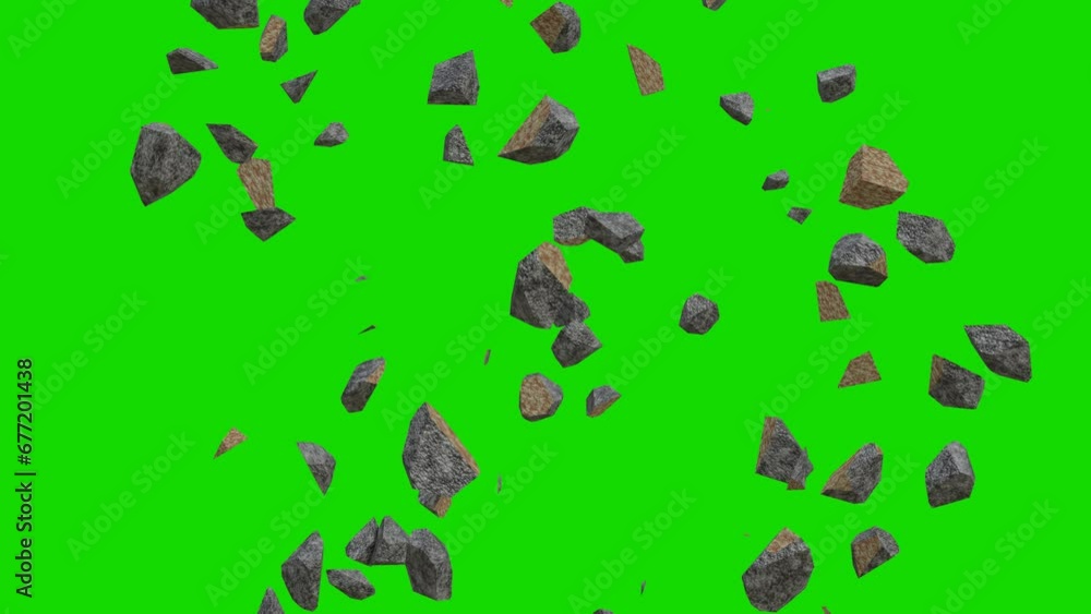 Simulation of falling rock fragments on a green background. 3D animation of broken rocks falling from the air Simulation of falling rock fragments on a green background. 3D animation of broken rocks falling from the air