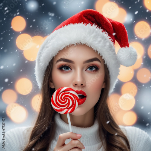 Christmas woman. Beauty model girl in Santa Claus hat with red lips and xmas lollipop candy in her hand.  Surprised expression. Closeup portrait over winter glowing background. Generative AI.