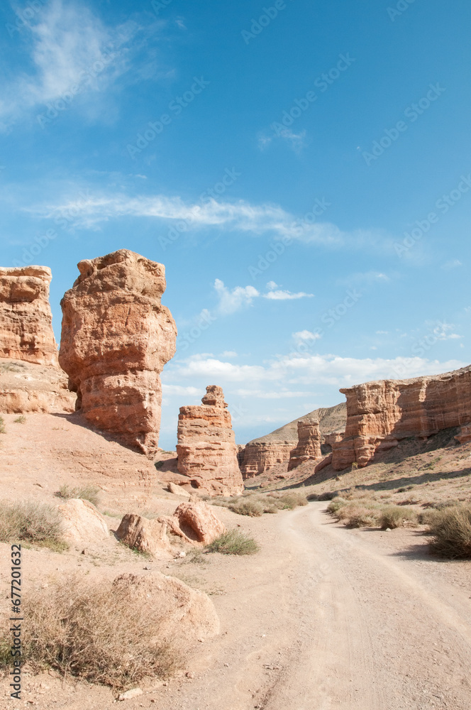 Valley of castles, part of Charyn canyon located in the Almaty region of Kazakhstan, vertical shot