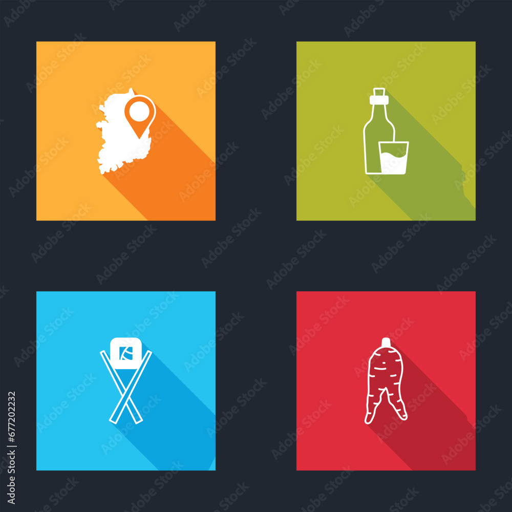 Set South Korea map, Soju bottle, Sushi with chopsticks and Ginseng root icon. Vector Set South Korea map, Soju bottle, Sushi with chopsticks and Ginseng root icon. Vector