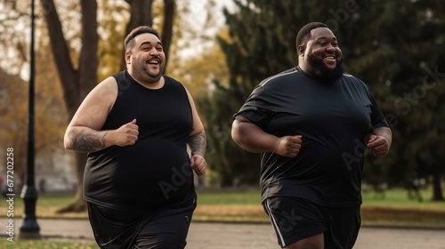 Fat male friends doing sports together running in park with yellow foliage on trees losing weight. Active lifestyle and desire to lose excess weight. Support from friend and spend time in nature