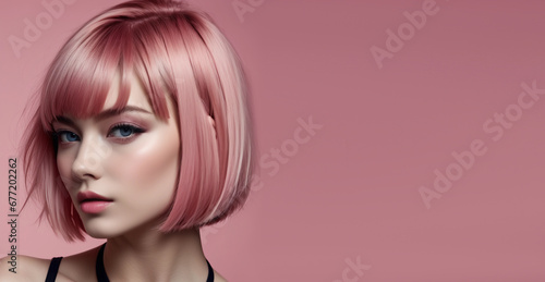 Beauty portrait of a girl with pink hair on a pink background. Generative AI.