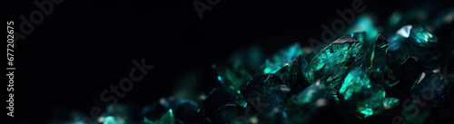 Banner with natural gemstones. Pile of green translucent emerald stones on black background.